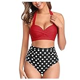 YARUMD Badeanzüge2021 Retro-Badeanzug Für Damen, Zweiteilige Retro-Schlinge, Plissierte Neckholder-Badebekleidung Mit Hoher Taille Summer Beachwear,Rot,S