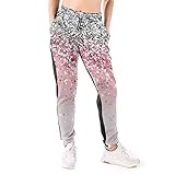 LAOLUCKY Damen Sweatpants Jogger Jersey Pants Mode Casual Sport Hose, Roségold, Rosa, Glitzer, Weiß, XL