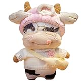 Mislaxy Plüschtier Kuh 30cm, Niedliche Kalb Stofftier Stehende Milchkuh Kuscheltier Kawaii Haus Dekoration Geschenke für Kinder Jungen und Mädchen (H-Engelshaarband)