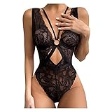 Damen-Body, Spitze, große Größe, sexy Dessous, erotisch, für Frauen, Deep V, One-Piece für Damen. Gr. 42, Schw