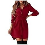 tohole Langarm Kleid für Damen Einfarbig Temperament Einreihiger Gürtel Schlankes langärmeliges Reverskleid Winterkleid Partykleid Cocktailk