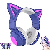 Xbtianxia Cat Ear Kabellose/Kabelgebundene Kopfhörer, Bluetooth faltbares Gaming-Headset mit LED-Beleuchtung, Over-Ear-Headset mit Mikrofon (Color : Purple)