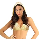 FEESHOW Frauen Metallischer BH Bralette Tiefer V Ausschnitt Top Shirt mit Kapuze Rückenfreie Oberteile für Disco Party Gogo Gold S