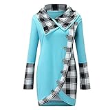 BaZhaHei Mode Damen Kariertes Patchwork Sweatshirt Oberteil Rollkragen Herbst Winter Sportliche Oversize Knopf Asymmetrische Bluse Langarm Tunika Sweatshirt Pullover Top