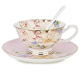 Porzellan-Teetasse und Untertasse Chase Chic Vintage Keramik Teetasse mit Goldrand, elegante florale Teetasse und Untertasse mit passendem Löffel, britische Teetasse, Kaffeetassen-Set (8.1 oz/200 ml)