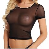 ZUYPSK Damen Durchsichtig Top Shirt Mesh Kurzarm T-Shirt Tunika Tank Bauchfrei Oberteil Reizwäsche Unterhemd Clubwear (Schwarz, M)