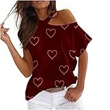Schulterfreies T Shirt Damen Sexy aushöhlen undichte Schulter Oberteile Modischer Pullover mit Liebes Herz Druck Kurzärmlige Sommertops mit hängendem Hals Lockere bequeme Tunika Bluse Partykleidung