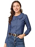 Allegra K Damen Langarm Bubikragen Rüschen Jeans Shirt Bluse Dunkelblau M