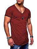 behype. Herren Kurzarm Basic T-Shirt V-Neck Ausschnitt Oversize-Look 20-0002 (M, Weinrot)