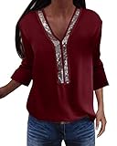 YOINS Sexy Schulterfrei Oberteil Damen Langarmshirt Elegant Glitzer Oberteile für Damen Pulli Bluse Bling Rundhals Aktualisierung-Z-Rotwein XXL