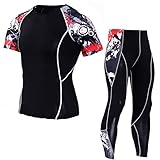 Sport Set Herren Slim Fit Schick Druck Rundhals T-Shirt/Hose Fitness Workout Bodybuilding Yoga Funktionsshirt Set Herren Lässig Stretch Sportswear H