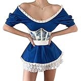 Corset Top Damen, Vintage Gothic Korsett Top Corsage Damen Korsage Bustier Vollbrust Sexy Schnür Satin Waist Unterbrust Crop Top Shapewear Slim Body Shaper Mieder Clubwear Shirt Tops (Blau,L)