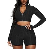 YILEEGOO 2 Stück Set Frauen Strukturiert Trainingsanzug Wabenstruktur Crop Top Yoga Outfit Kleidung Set Hohe Taille Kurze Leggings Jogging Sportbekleidung, Shorts mit Reißverschluss, Schwarz, 36
