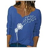 KissYou Tops für Frauen Lässige Langarmhemden Eleganter Print V-Ausschnitt Pullover Tunika Blusen(#02,XXL)