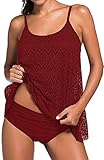 Sucor Damen Sportlich Tankini Mesh Badeanzug Zweiteilig Badeanzüge Elegantes Swimsuit Beachwear mit Bikinislip Plus Size(L,Weinrot)