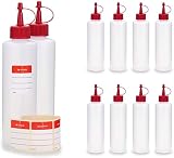 10x 250 ml HDPE Plastikflaschen, z.B. für Liquids, Liquidflaschen bzw. Kunststoffflaschen mit roten Spritzverschlüssen / Tropfverschlüssen, inkl. Beschriftungsetik
