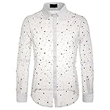 QWERD Herren Transparent Blumen Spitze Button Down Langarm Hemd Herren Unterhemd Basic Langarm Shirt Slim fit Hemd T-Shirt Transparent Oberteile sexy Mesh Top Clubwear Party Kostüm in Schwarz Weiß