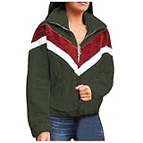 Damen Casual Revers Fashion Solid Herbst Winter Retro 80er Jahre Reißverschluss Farbblock Plüsch Pullover Mantel Warm Mantel Jacke, armee-grün, 52