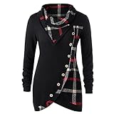 Damen Plaid Patchwork Mock Neck Langarm Tunika Tops Asymmetrisch Knopf Kariert B