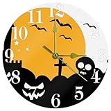 Timmershabi Halloween Kürbis Nacht Schädel Wanduhr, 25,4 cm, geräuschlos, nicht tickend, Quarz, batteriebetrieben, runde Wanduhren für Zuhause/Küche/Büro/Schule U