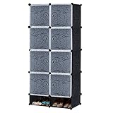 UISEBRT DIY Regalsystem Kleiderschrank aus Kunststoff Steckregal Kleiderschrank Garderobenschrank Schuhregal Kunststoffboxen, 8 Boxen mit Tür und Schuhschrank, Schwarz mit M