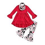 Dghisre Valentine's Day Toddler Baby Girls Outfit Flared Cuff Long Sleeve Round Collar Trailing Tops + Pants + Scarf (Rose Red, 6 Years)