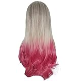 Reooly Mitte-Punkt-Wellenverlauf Farbverlauf Rose Rot langes lockiges Haar Naturseidenperücke Hochtemperaturbeständige Kopfschmuck Perücke weibliches Haarbü