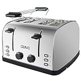 OZAVO Toaster 4 Scheiben, Brötchenaufsatz, 7 Bräunungsstufen, Zentrierfunktion, mit Abnehmbarer Krümelschublade, Edelstahlgehäuse, 1500W