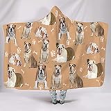 Facbalaign Englische Bulldogge Kapuzendecke Wearable Robe Hoodie Kuscheldecke für Erwachsene Kinder White 130x150