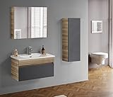 Badmöbel Set Waschbecken mit Unterschank Holz Optik Schwarz 85cm mit Spiegel 60cm 1x Seitenschrank MDF Holz Glanz Schlicht M