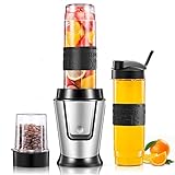 Mini Smoothie Maker und Bohnenmühle, 500W Standmixer, Blender Elektrisch, 2 x 570 ml BPA Freie Tritan Sportflaschen mit Deckel und 1 x 280ml flaschen zum Bohnenmühle, Klingen aus E