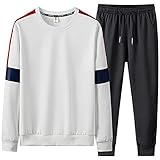 Herren-Trainingsanzug-Set, langärmelig, Rundhalsausschnitt, Patchwork-Sweatshirt, Tops & Sweatpants Outfits, lässige Sportanzüge, weiß, L/XL