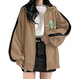 VIDIFOR Damen Lässige Kapuzenjacke mit Reißverschluss Dinosaurierdruck Kapuzenjacke mit Kordelzug Damen Große Größen (Khaki, XL)