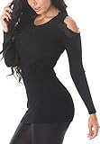 Voyelles Damen Pullover Strickkleid Longpulli Pulloverkleid sexy Häkel-Spitze Cutout Kalte Schulter V-Ausschnitt Stretch Feinripp, Schwarz 34 36 38