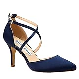 Duosheng & Elegant HC1901 High Heel Pumps Hoch Kreuz Riemchen Spitze Zehen Abendschuhe für Partei Satin Hochzeitsschuhe Brautschuhe Marineblau Gr. 37