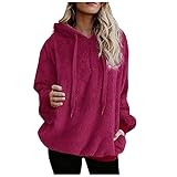 Damen Herbst Winter Fuzzy Kapuzenpullover,Übergröße Teddy-Fleece Fluffy Langarm Pullover Kapuzenjaken, 1/4 Reißverschluss Oversize Sweatshirt Warm Taschen Hoodie Jaken (Wein,XL)