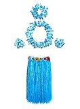 Carnavalife Hawaiianischer Rock mit Halskette, Armbänder und Haarreif, Blumen-Kostüm, elastisch, für Mädchen, Damen, Erwachsene, 5 Stück (Blau (60 cm))