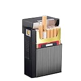 Zigarettenetui mit USB-Feuerzeug, 2 in 1, für 20 Zigaretten, King Size, regulär, teilbar, tragbar, wiederaufladbar, winddicht, elektrisches Feuerzeug ohne Flamme, Schwarz ,