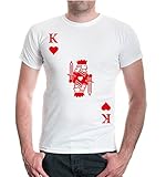 buXsbaum® Herren Unisex Kurzarm T-Shirt Bedruckt König Karte Herz| Spielkarte Kostüm Kartenspiel | L White-red Weiß