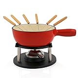 BBQ-Toro Gusseisen Fondue Set für 6 Personen | 2 Liter | Fondueset 9 teilig mit Brenner und Gabeln | Fondue-Set, Käsefondue Set, Fleischfondue Set, Schokofondue Set (rot/creme emailliert)