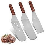 JOLIGAEA 3 Stück Grillspachtel, Pfannenwender Edelstahl, Plancha Grillbesteck, Plancha Zubehör, Grill Zubehör mit Holzgriffen, Spachtel für BBQ, Teppanyaki, Camping, Außenkü