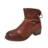 Xmiral Damen Winter Stiefelette Blockabsatz Römische Schuhe Retro Runde Zehe Schnürstiefeletten (Braun, 41)