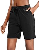QAKEHU Damen Bermuda Shorts Jersey Shorts mit tiefen Taschen 7 Zoll Lang Lässig Wandershorts Jogginghose Yoga Fitness Gym Black M