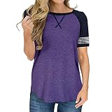 Damen T-Shirt Damen Kurzarm Sommer Rundhals Casual T Shirt Top Bluse Oberteil Tunika Basic Damen Tops Kurzer Ärmel Sweatshirt mit Streifen Rundhals Ausschnitt Oversize Hemd Jumper B