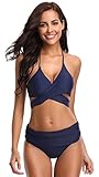 SHEKINI Damen Dunkle Farbe Geteilter Badeanzug Push Up Bikini Set Neckholder Bikini Oberteil Mit High Waist Bikini Bottom Damen Badeanzug Sport Zweiteiliger Badeanzug (M, Dunkelblau)