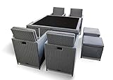 Ragnarök-Möbeldesign PolyRattan - DEUTSCHE Marke - EIGNENE Produktion - 8 Jahre GARANTIE auf UV-Beständigkeit Gartenmöbel Essgruppe Tisch + 4 Stuhl 4 Hocker 12 Polster Platinumsilber G