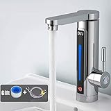 WFIZNB 3300W LED Elektrisch Durchlauferhitzer Wasserhahn, Warmwasserbereiter Temperaturanzeige Elektrische Heizung Wasserhahn Sofort Warm Armatur Bad/Küche,Silb