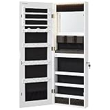 SONGMICS Schmuckschrank mit LED-Beleuchtung, Spiegelschrank, Schmuck-Organizer, Wandschrank mit Ganzkörperspiegel, 2 Schubladen, eingebauter Make-up-Spiegel, verschließbar, weiß JJC013W01