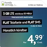 handyvertrag.de LTE All 3 GB - monatlich kündbar (Flat Internet 3 GB LTE mit max. 50 MBit/s mit deaktivierbarer Datenautomatik, Flat Telefonie, Flat SMS und EU-Ausland, 4,99 Euro/Monat)