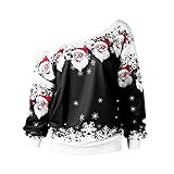 Lomelomme Weihnachtspullover Damen Sexy Rot Damen Weihnachten Hoodies Langarmshirt Santa Claus und Schnee Druck Sweatshirt Off Shoulder Strickkleid Frauen Winterkleid Partykleid Weihnachten Top